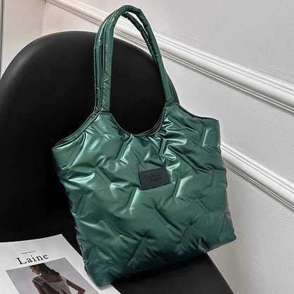 Women Solid Puffer Bag Versatile Quilted Shoulder Bag Big Capacity Down Tote Handbags Casual Winter Shopper Bag