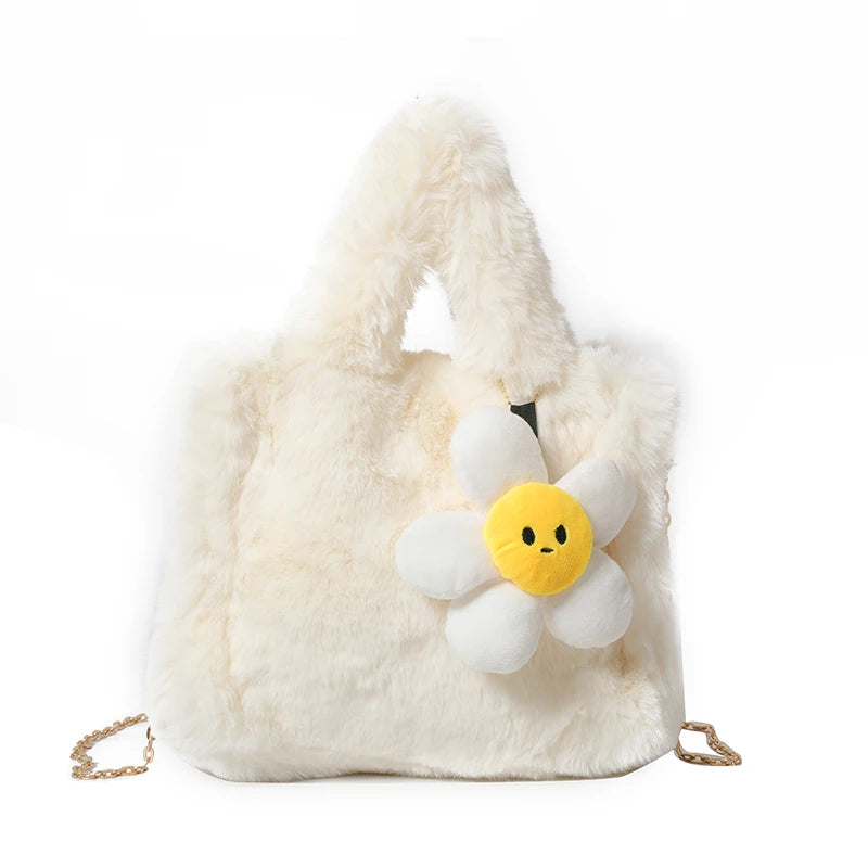 Women Plush Shoulder Bag with Chain Top Handle Bag Adjustable Strap Furry Purse Handbag for Work Travel