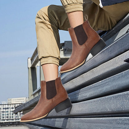 Men's Square Toe Chelsea Boots - Brown Casual Retro Western Cowboy Boots, Ankle Height, Stylish and Comfortable
