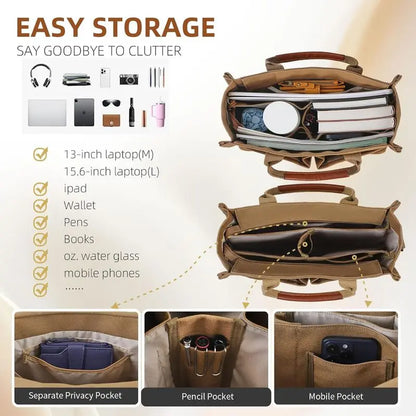 Canvas Tote Bag Purse for Women with Zipper Closure, Individual Compartments & Bottom Support