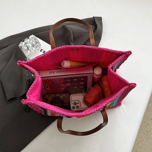 Women Striped Woven Tote Rainbow Straw Shoulder Bag Large Capacity Hand-Woven Tote Bag Straw Woven Handbag Outdoor Travel Bag