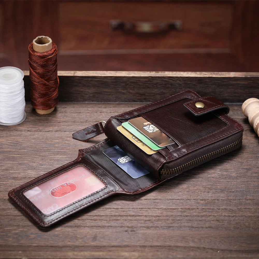 LEBULLBRO Mens Genuine Leather Zipper Wallet RFID Blocking Bifold Card Holder Wallet with coin pocket