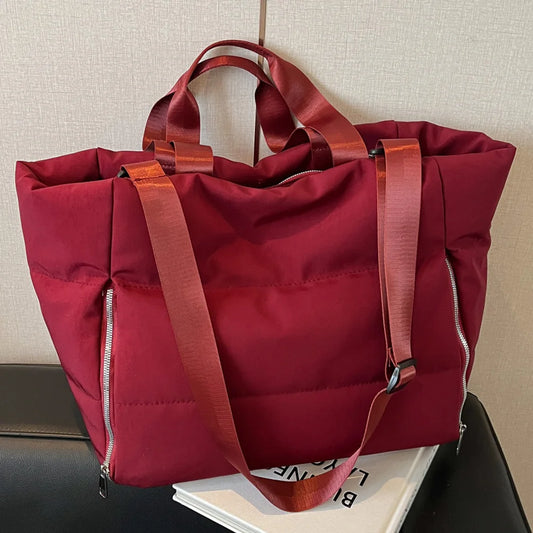Women Quilted Shoulder Bag Large Capacity Puffer Tote Handbag Solid Color Casual Padded Bag Ladies Commute Bag
