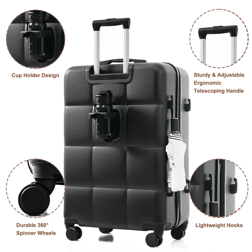 Luggage Sets 4 Piece,  ABS Durable Suitcase with Travel Bag,  Cup Holder, ABS Hard Shell Luggage with Spinner Wheels,black brown