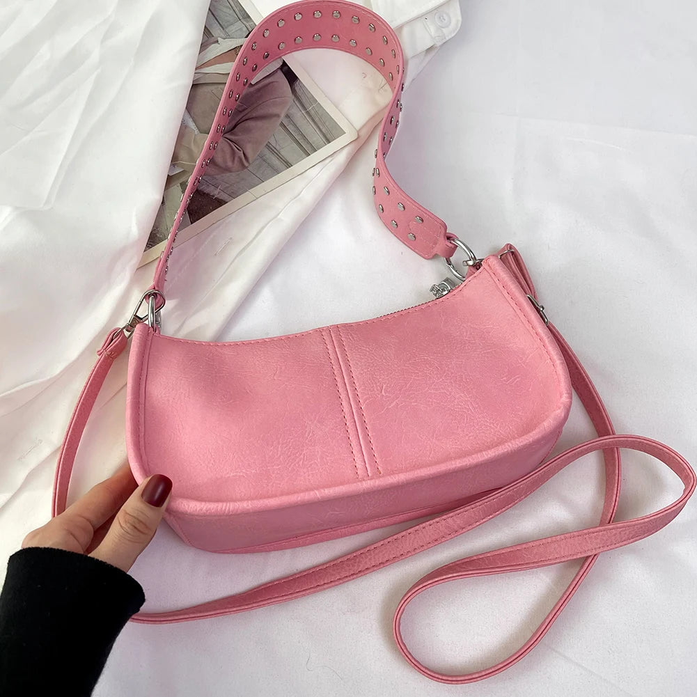 Women Underarm Satchel Bag Studded Decor Crossbody Bag Fashion PU Leather Retro Shoulder Bags Adjustable Strap Daily Handbag