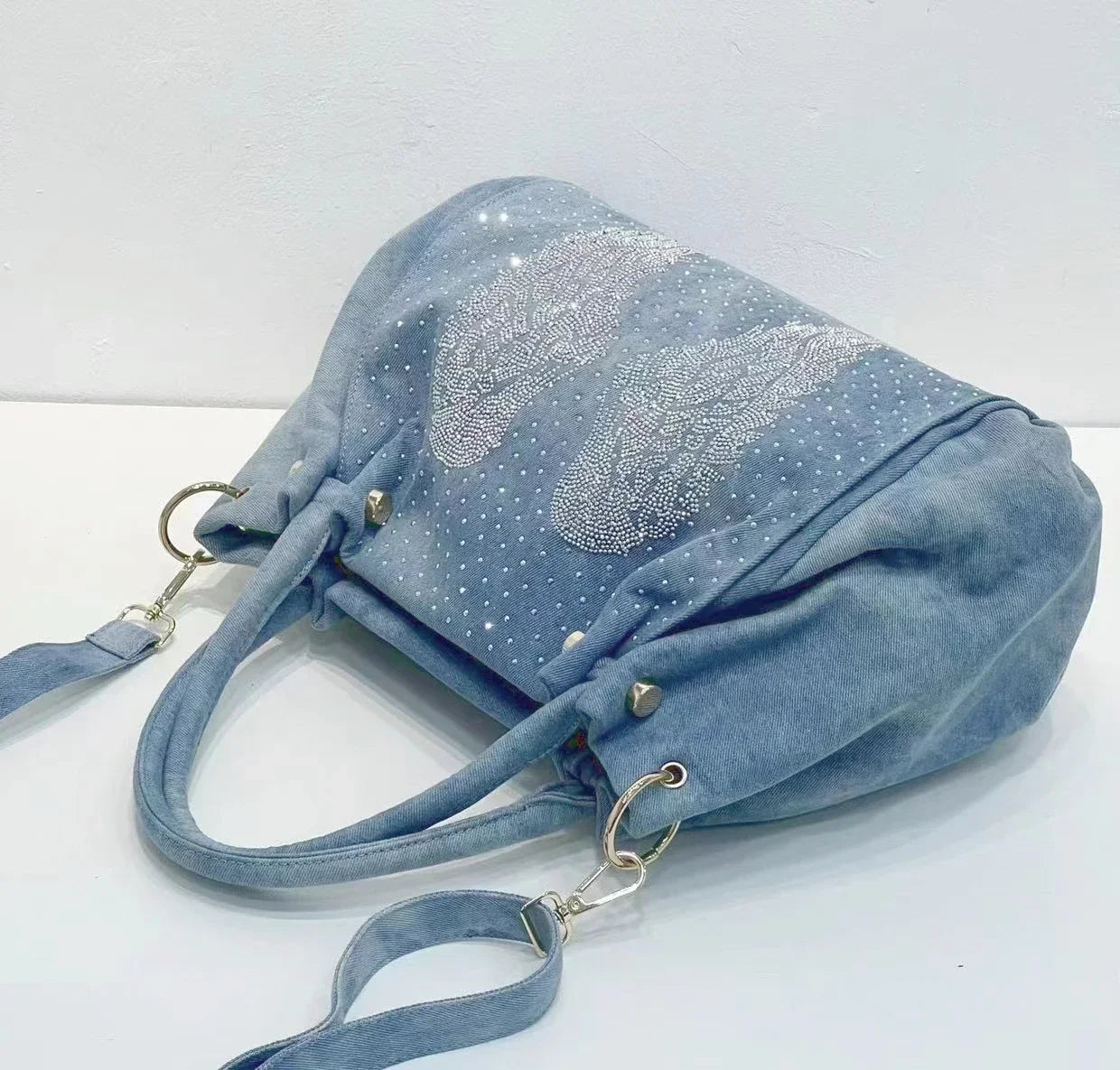 Fashion Denim Women Handbag with Crystal Diamond Casual Jeans Tote Bag Shoulder Bag Crossbody Bag