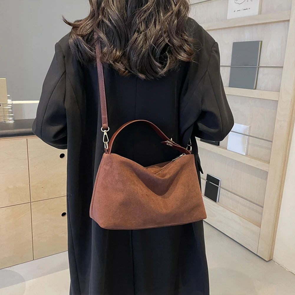 Women Suede Shoulder Bag Adjustable Strap Crossbody Bag With Inner Pocket Satchel Purse Zipper for Work Travel