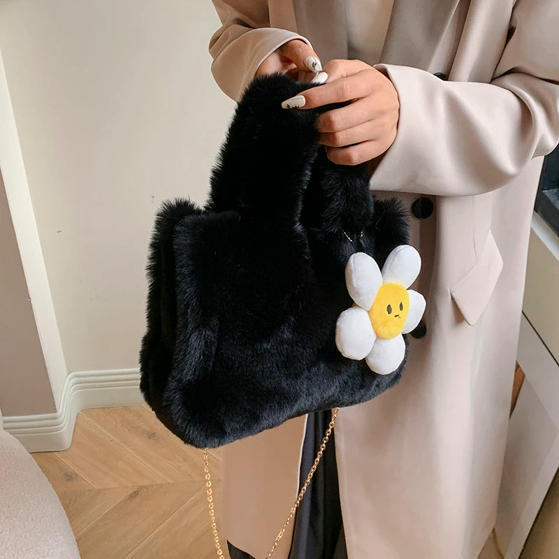 Women Plush Shoulder Bag with Chain Top Handle Bag Adjustable Strap Furry Purse Handbag for Work Travel