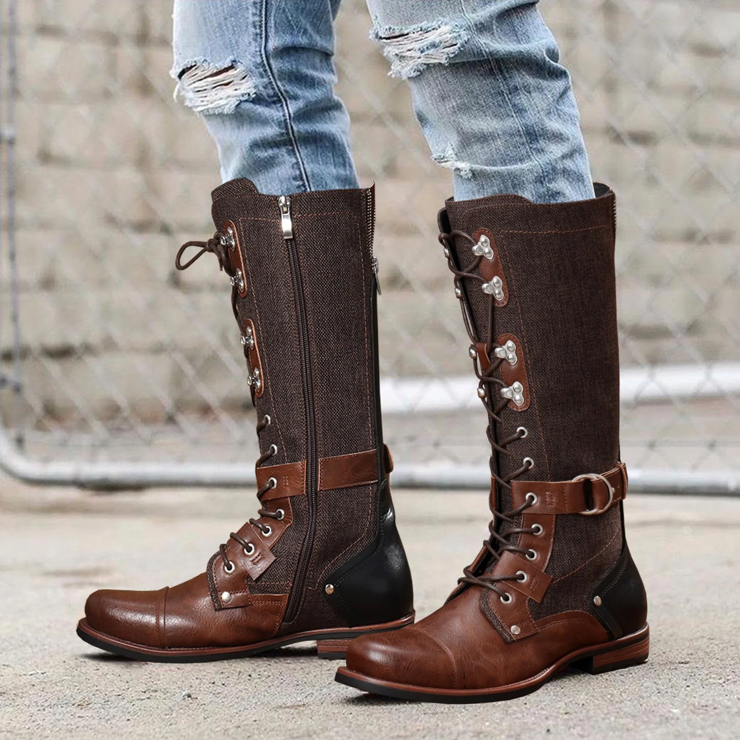 Punk Style Men's Ankle Boots: Platform with Lace-Up, Side Zip & Adjustable Buckle – Non-Slip Lug Sole Combat Booties