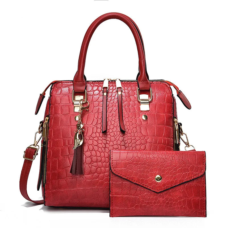 Fashion Crocodile Pattern Tote Bag Set - Large Capacity Soft Leather Women's Handbag with Tassel Charm
