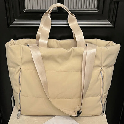 Women Quilted Shoulder Bag Large Capacity Puffer Tote Handbag Solid Color Casual Padded Bag Ladies Commute Bag