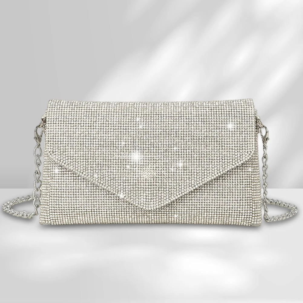 Chain Evening Clutch Bag Rhinestone Prom Shoulder Bag Elegant Gorgeous Exquisite Fashion Embellished Banquet Crossbody Pack