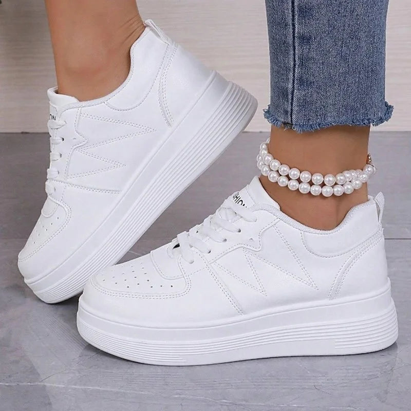 2025 New Women's Fashion Thick-Soled White Sneakers, Casual Lace-Up Outdoor Versatile Height-Increasing Board Shoes, Comfortable