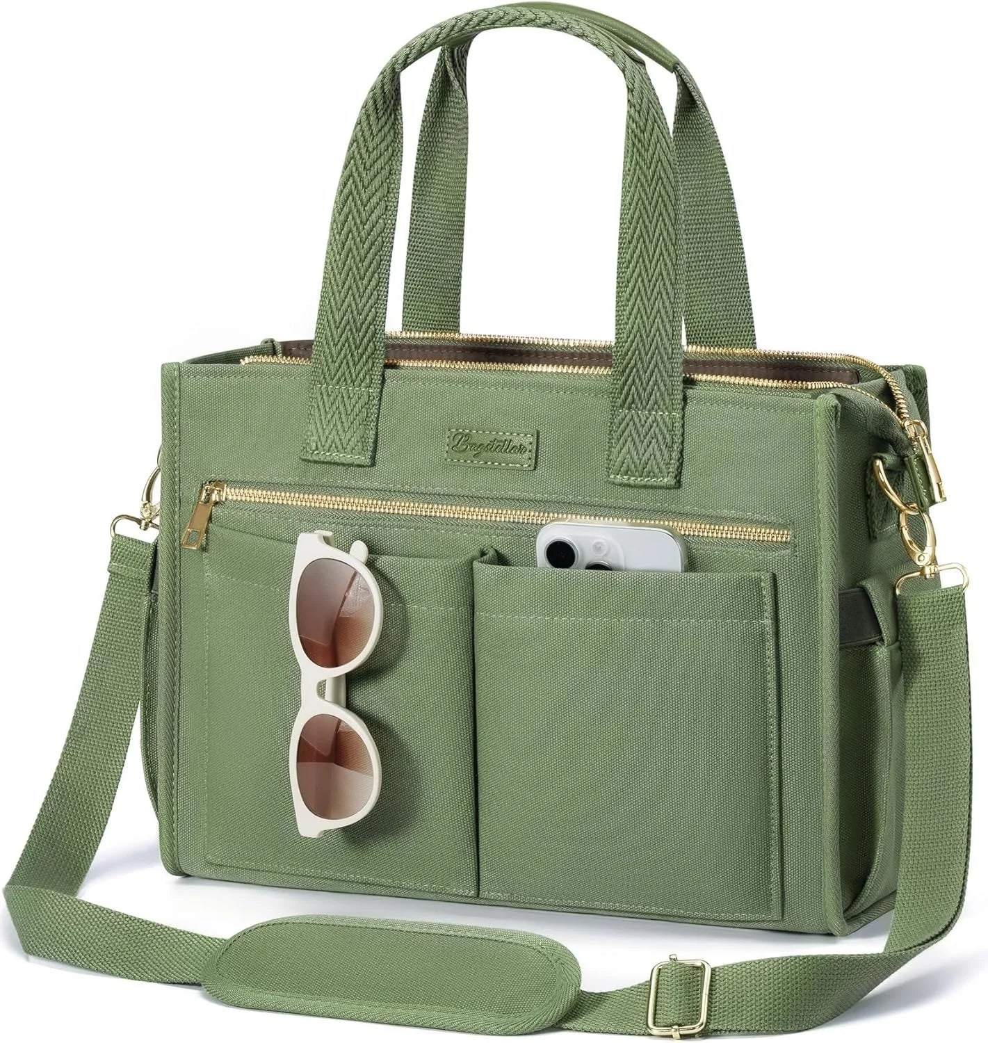 Canvas Tote Bag for Women, 15-Pocket Large Crossbody Handbag Bible Laptop Bag Zipper Bookbag for Teacher Work Travel College