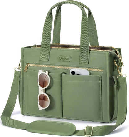 Canvas Tote Bag for Women, 15-Pocket Large Crossbody Handbag Bible Laptop Bag Zipper Bookbag for Teacher Work Travel College