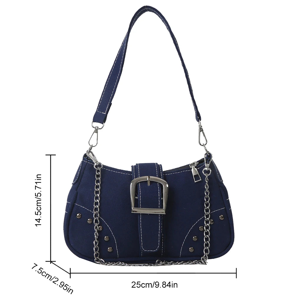 Women Vintage Rivet Bag Y2K Fashion Underarm Bag Canvas Casual Armpit Bag Zipper Closure Versatile Dating Bag