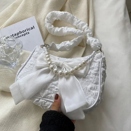 White Pleated Pearl Female Bag Vintage Luxury Designer Handbag Cute Bow Shoulder Bag Fashion Y2K Vintage Women's Purse Versatile