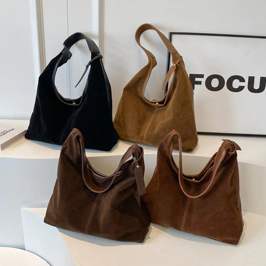 Women Suede Hobo Bag Magnetic Closure Tote Bag Large Capacity Retro Handbag Purse for Work Travel