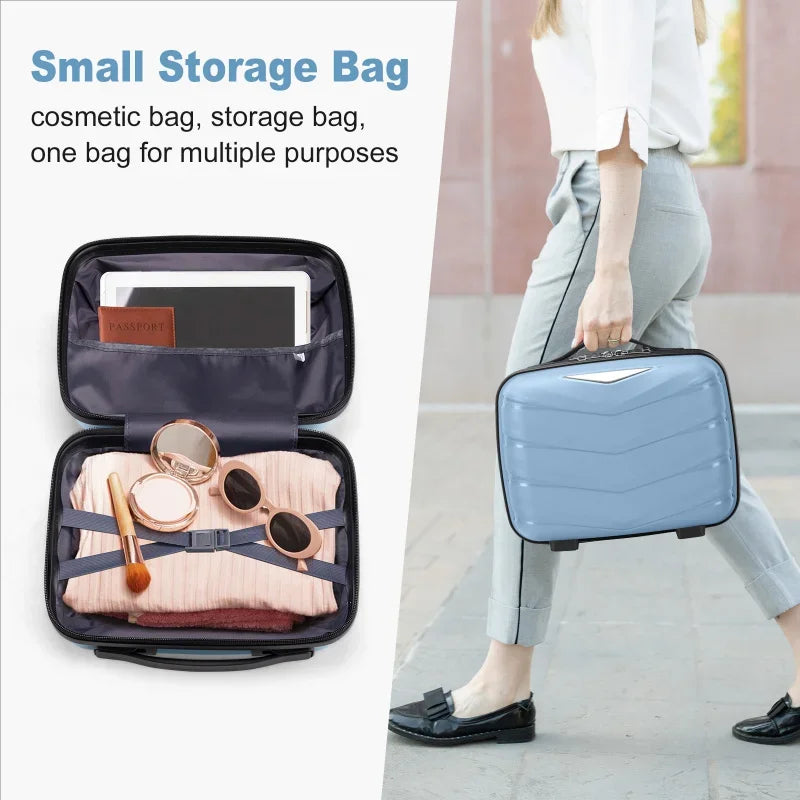 V-shaped stripes 2-piece set with PP handbag PP trolley case 14in 20in PP iron trolley fashionable color - sky blue (grain patte