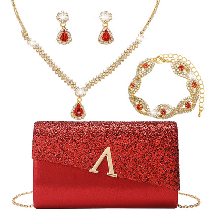 Evening Banquet Handbag Women Elegant Sparkly Flap Clutch Bag With Necklace, Earrings ,Bracelet 4Pcs Set Shoulder Wedding Purse