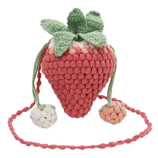 Women Kawaii Tote Handbag Versatile Strawberry Crossbody Bag Casual Woven Satchel Bag DIY Cartoon Crochet Bucket Purse