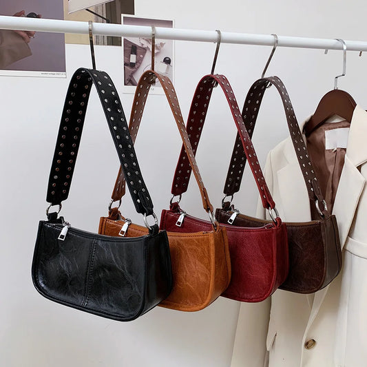 Women Underarm Satchel Bag Studded Decor Crossbody Bag Fashion PU Leather Retro Shoulder Bags Adjustable Strap Daily Handbag