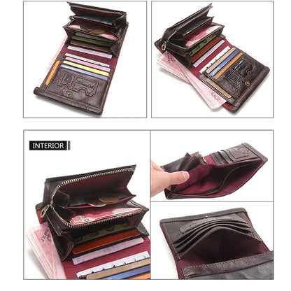 CONTACT'S 100% Genuine Leather RFID Men Wallet Zipper Retro Coin Purse Male Bifold  Card Holder Wallet