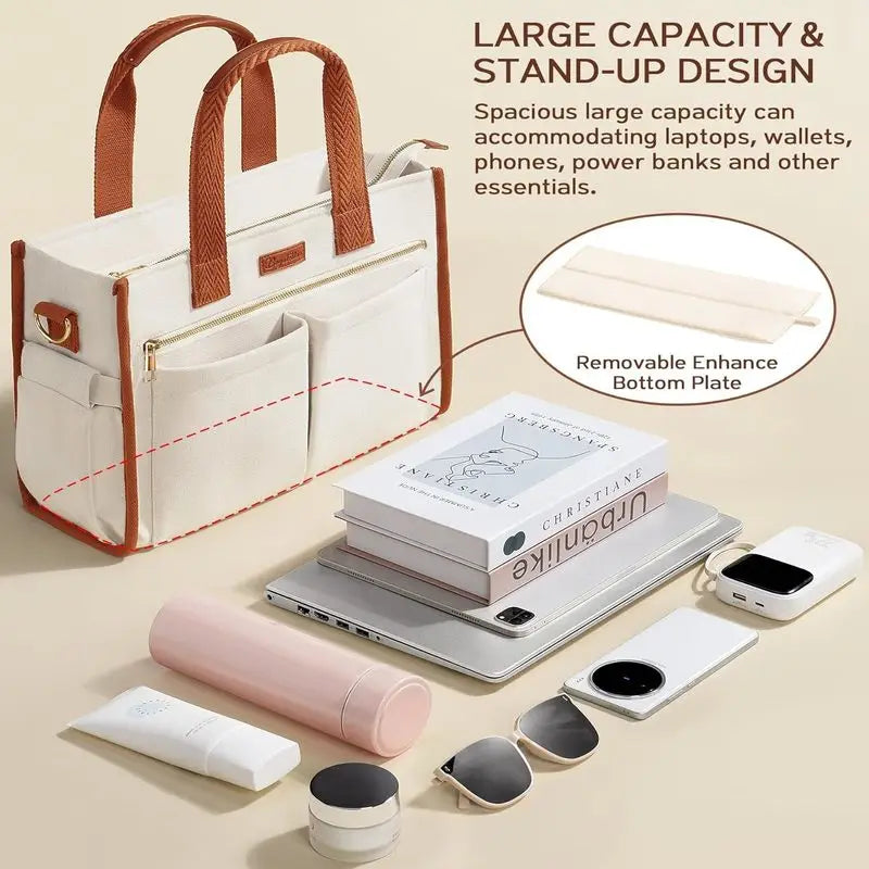 Canvas Tote Bag for Women, 15-Pocket Large Crossbody Handbag Bible Laptop Bag Zipper Bookbag for Teacher Work Travel College