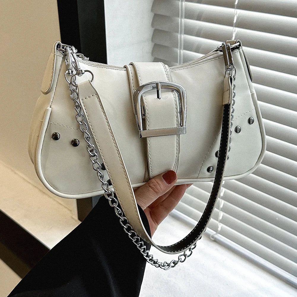 Women Armpit Bag Fashion Cool Style Crescent Bag Solid Color for Lady Girl Chic Large Bag with Chain Ornament