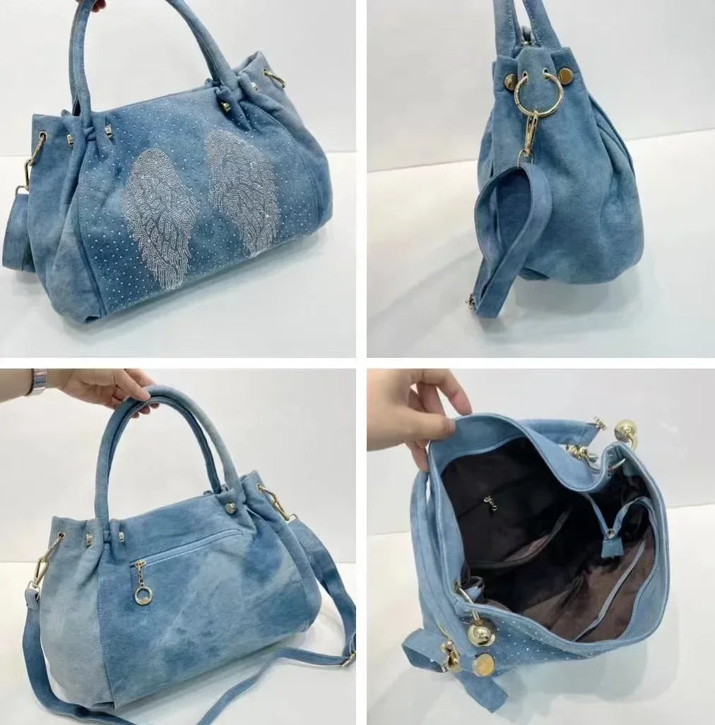 Fashion Denim Women Handbag with Crystal Diamond Casual Jeans Tote Bag Shoulder Bag Crossbody Bag