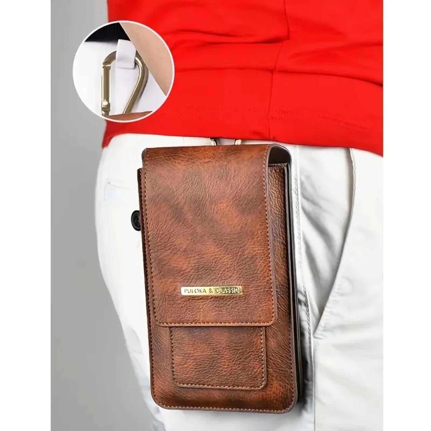7.2 Inch General Leather Double Layer Phone Waist Baguette Bag With Hiking Buckle