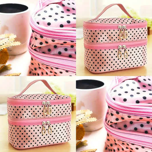 Double Layer Polka Dot Makeup Bag for Women, Travel Toiletry Organizer with Handle & Brush Holder, Cosmetic Pouch for Ladies