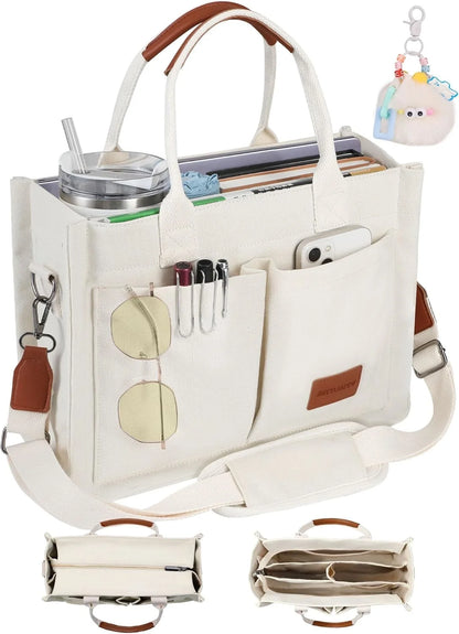 Canvas Tote Bag Purse for Women with Zipper Closure, Individual Compartments & Bottom Support