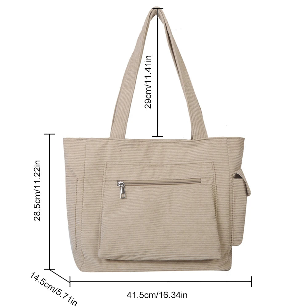 Women Corduroy Hobo Bag Large Capacity Casual Shoulder Tote Handbag Outer Pocket Satchel Bag Lightweight Shopping Bag