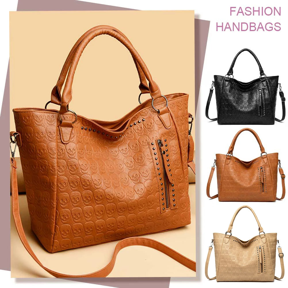Punk Skull Shoulder Bag PU Leather Studded Fashion Handbag Large Capacity Satchel Purse for Women Work Shopping