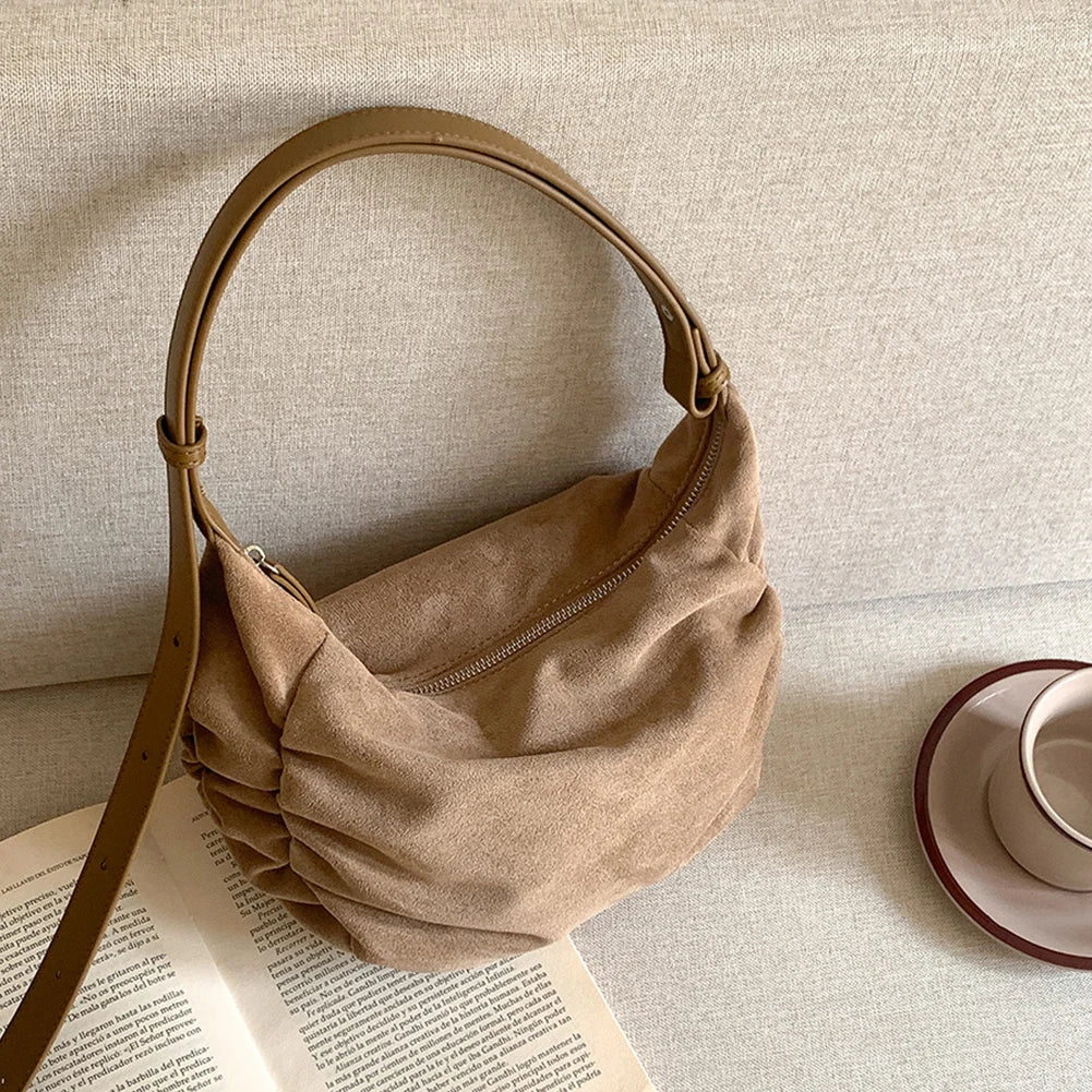 Suede Shoulder Bag for Women Men Ruched Handbag Adjustable Strap Crescent Bag Suede Hobo Bag with Multi-Pockets for Coummuting