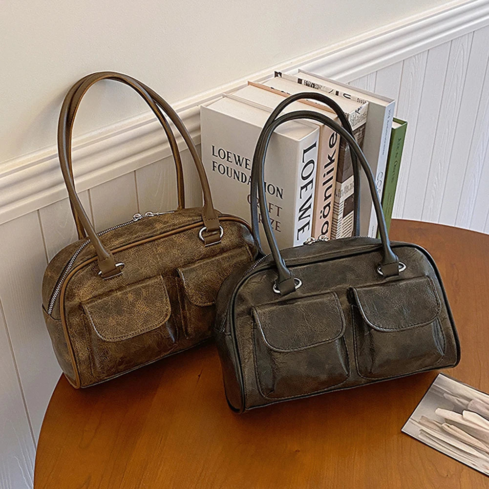 Women Fashion Armpit Bag Double Pocket PU Small Casual Handbag Solid Color Stylish Underarm Bags Large Capacity Retro Handbag