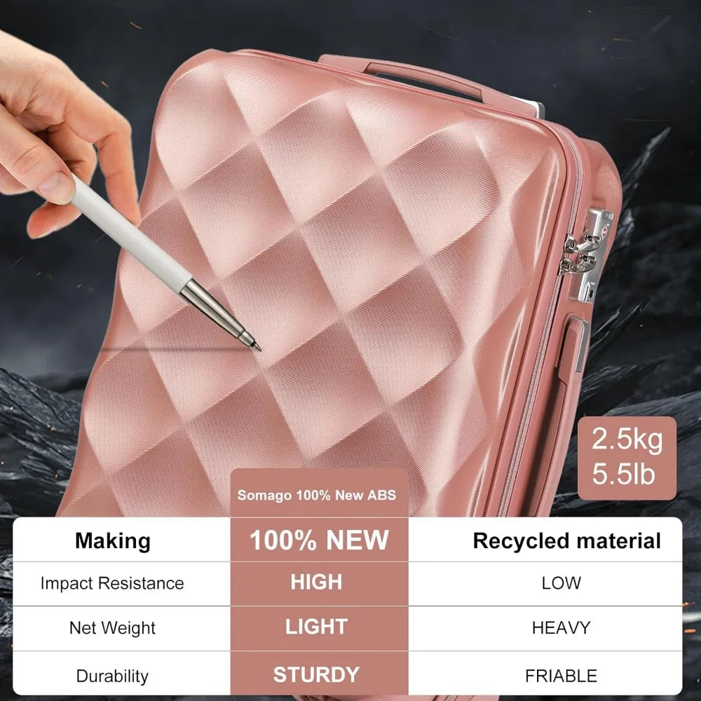 Somago Luggage Set of 3 Piece Suitcase Set Carry On Luggage with YKK Zipper TSA Lock ABS Hardside Luggage Spinner Wheels, Rose G