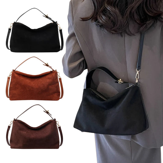 Women Suede Shoulder Bag Adjustable Strap Crossbody Bag With Inner Pocket Satchel Purse Zipper Clutch Purse for Work Travel