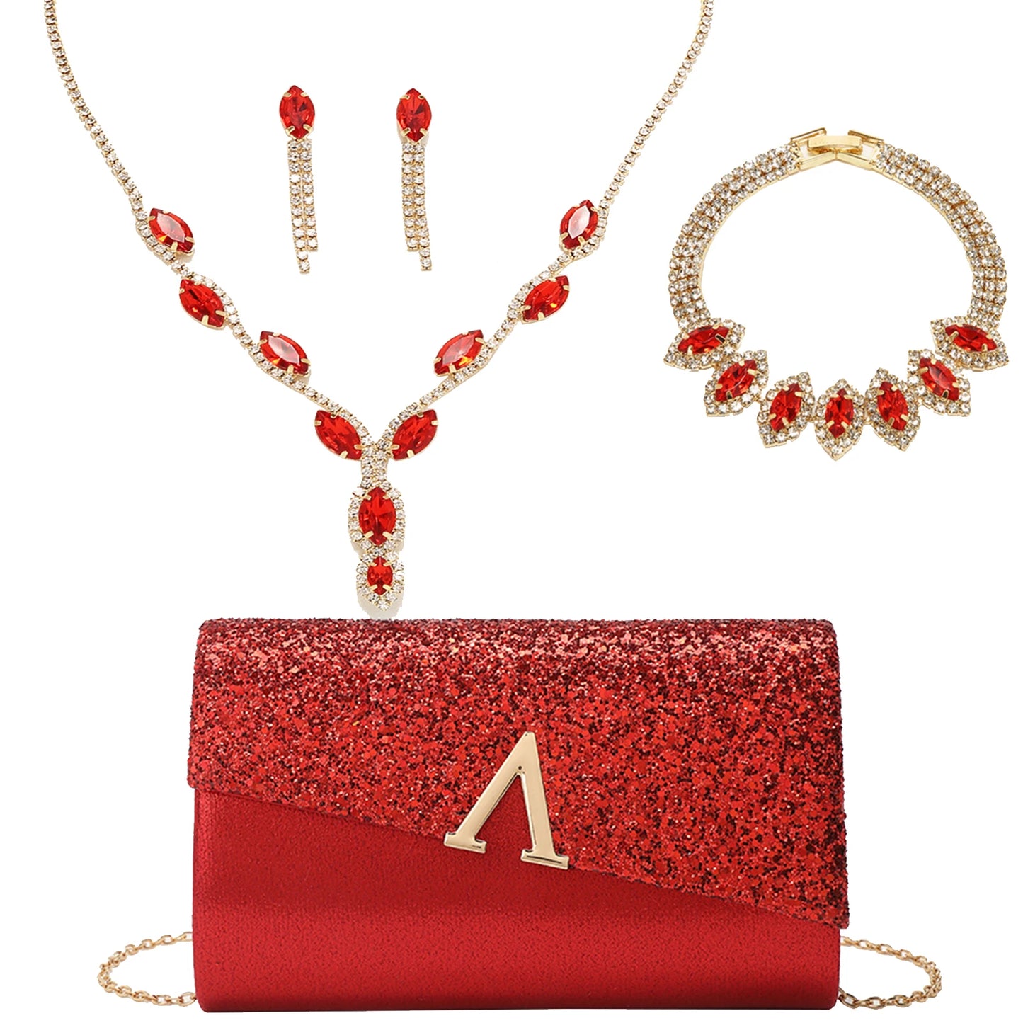 Evening Banquet Handbag Women Elegant Sparkly Flap Clutch Bag With Necklace, Earrings ,Bracelet 4Pcs Set Shoulder Wedding Purse