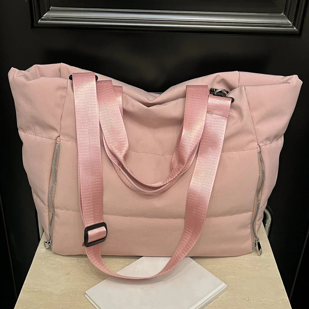 Women Quilted Shoulder Bag Large Capacity Puffer Tote Handbag Solid Color Casual Padded Bag Ladies Commute Bag