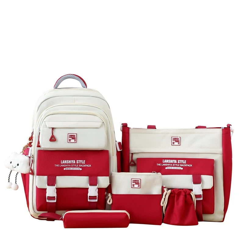 5pcs solid color backpack set, large capacity backpack, simple handbag and coin purse, casual crossbody bag, pencil case handbag