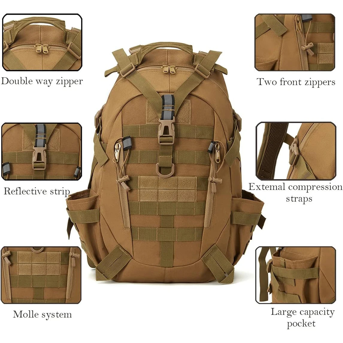 Tactical backpacks and emergency backpacks with modular loading systems, featuring reflective strips, suitable for daily use.