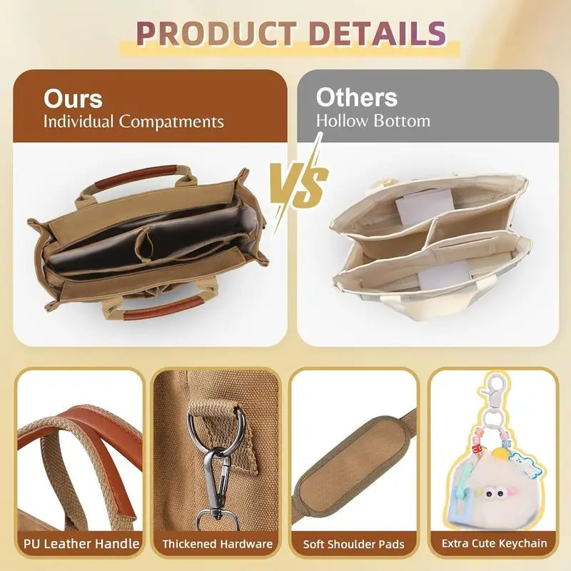 Canvas Tote Bag Purse for Women with Zipper Closure, Individual Compartments & Bottom Support