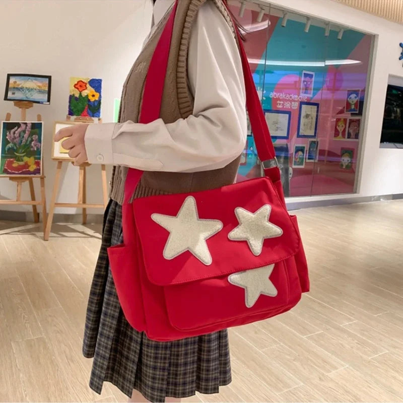 Women Star Pattern Y2k Messenger Bag Casual Tote Lady Simple Large Capacity Shoulder Bag Girl Travel School Bookbag Handbag
