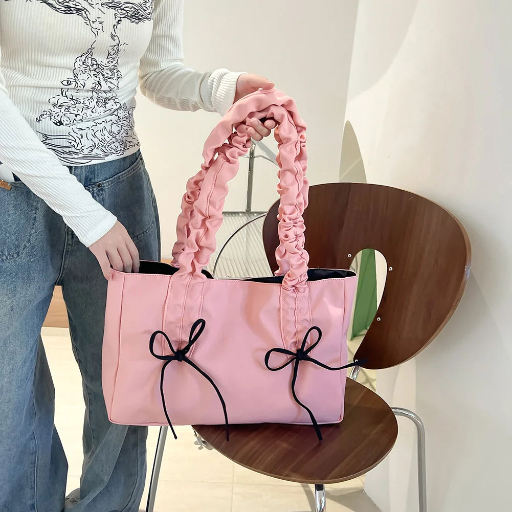 Women Nylon Tote Bag Fashion Shoulder Bag Solid Color with Bow Stylish Crossbody Bag Pleated Shoulder Strap Daily Sling Bag