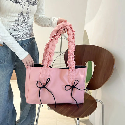 Women Nylon Tote Bag Fashion Shoulder Bag Solid Color with Bow Stylish Crossbody Bag Pleated Shoulder Strap Daily Sling Bag