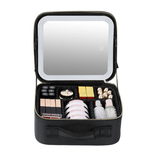 Smart LED Cosmetic Case with Mirror Travel Makeup Bags Large Capacity Fashion Simple PU Leather Casual for Weekend Vacation