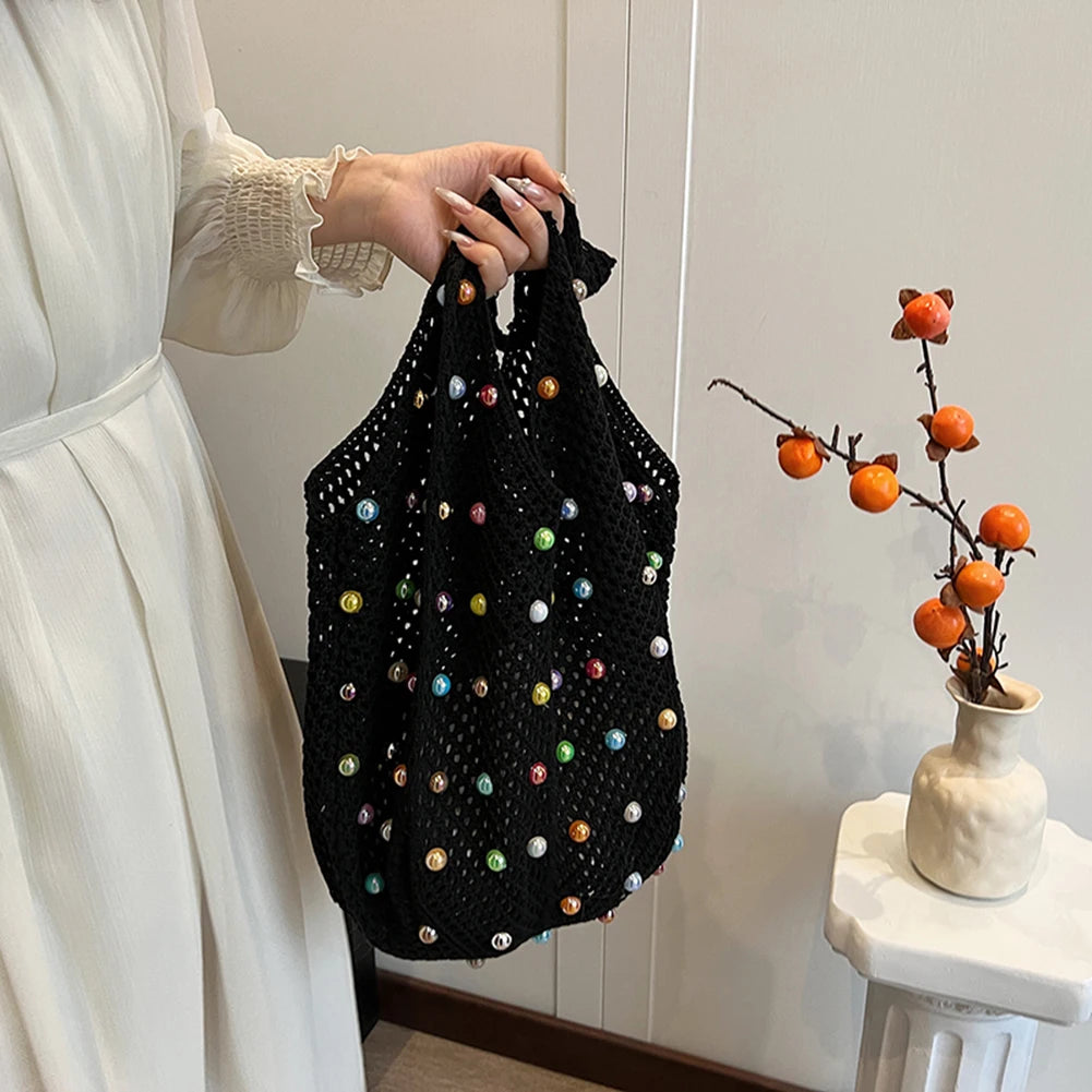 Women Boho Crochet Bag with Colored Beads Aesthetic Knit Bag Large Capacity Knitted Tote Handbag Ladies Daily Handbag