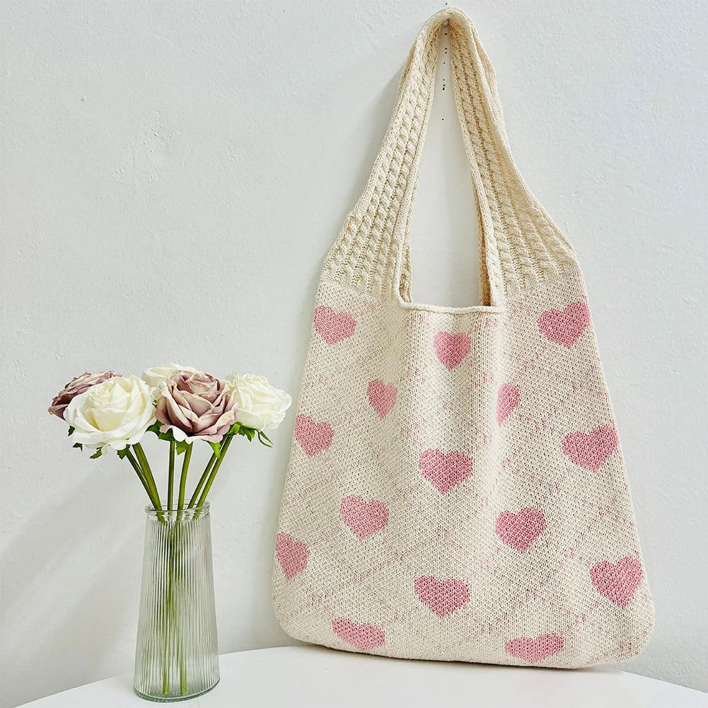 Summer Beach Bag for Women Heart Pattern Handbag Large Capacity Shoulder Bag Tote Bag for Vacation Travel